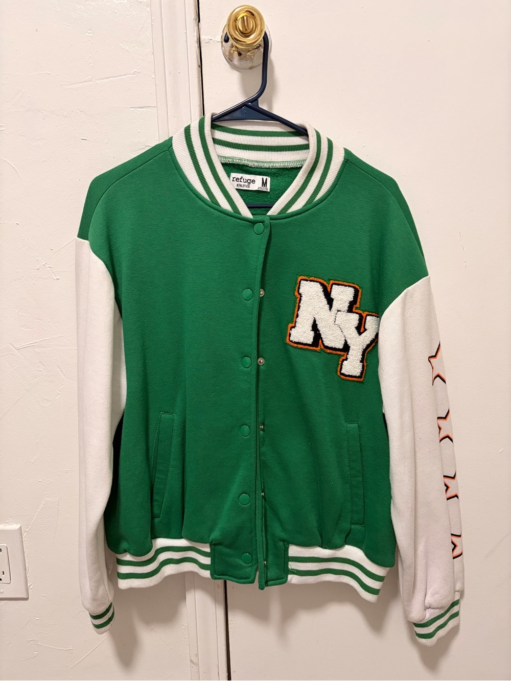 refuge Green & White NY Varsity Jacket with Orange Trim